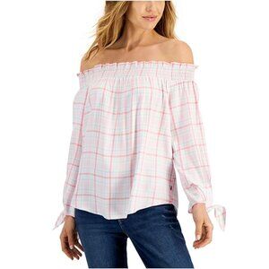Tommy Hilfiger Pink Fairytale Striped Smocked Off The Shoulder Blouse Large NWT!